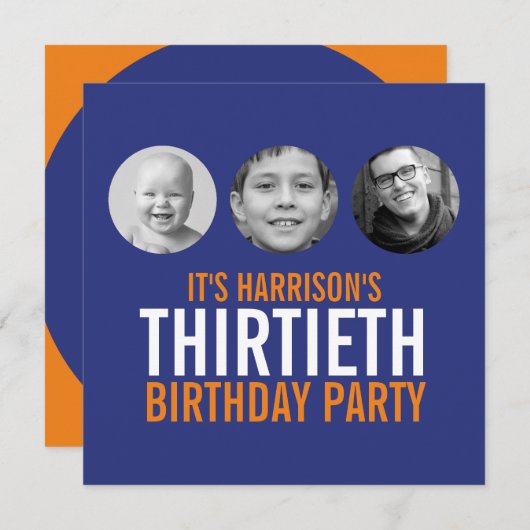 ダークブルーのオレンジ30th photo birthday 招待状 (正面/裏面)