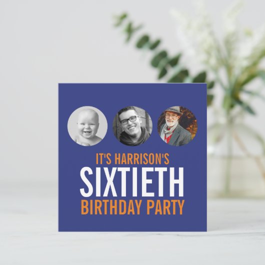 ダークブルーのオレンジ60thの写真の誕生日の招待状 招待状 (スタンド正面)