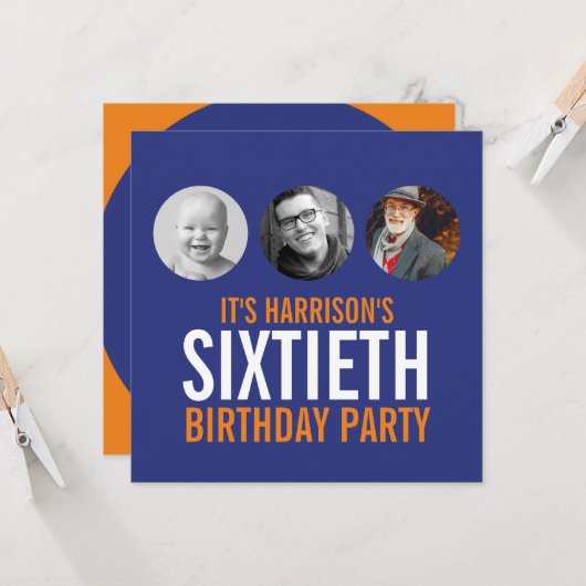 ダークブルーのオレンジ60thの写真の誕生日の招待状 招待状 (正面/裏面インサイチュ)