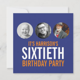 ダークブルーのオレンジ60thの写真の誕生日の招待状 招待状