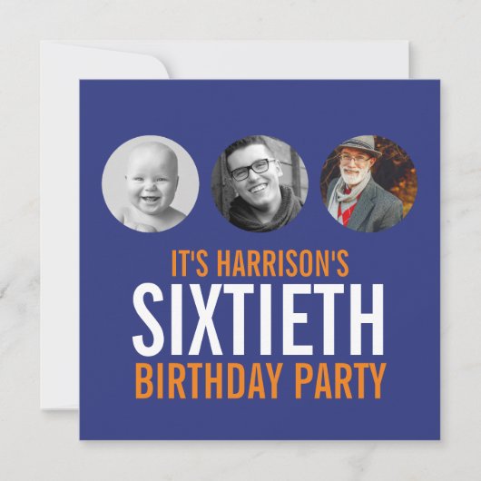 ダークブルーのオレンジ60thの写真の誕生日の招待状 招待状 (正面)