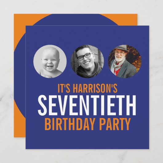 ダークブルーのオレンジ70th photo birthday invitation 招待状 (正面/裏面)