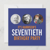 ダークブルーのオレンジ70th photo birthday invitation 招待状 (正面)