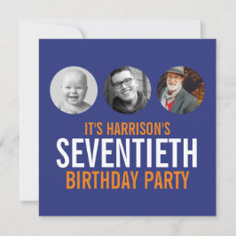 ダークブルーのオレンジ70th photo birthday invitation 招待状