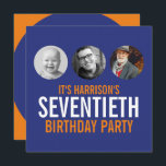 ダークブルーのオレンジ70th photo birthday invitation 招待状<br><div class="desc">ネイビーブルーと対照的な明るいオレンジと白の両面70歳の誕生日の招待。あなた自身のカスタマイズ詳細とあなたの誕生日の女の子または男の子の3つの写真とのグラフィック招待状。ユニークデザインby Sarah Trett for www.mylittleeden.com</div>