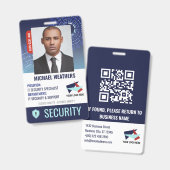 ダークブルーのサイバーセキュリティシールド社員ID バッジ (正面&裏面)