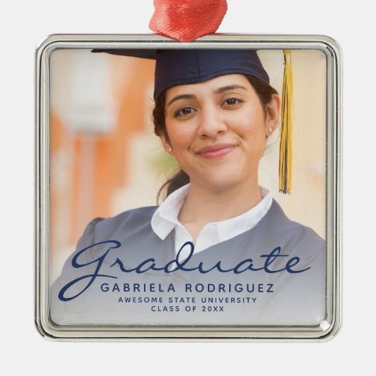 ダークブルーのスクリプトフォト卒業記念品 メタルオーナメント (正面)