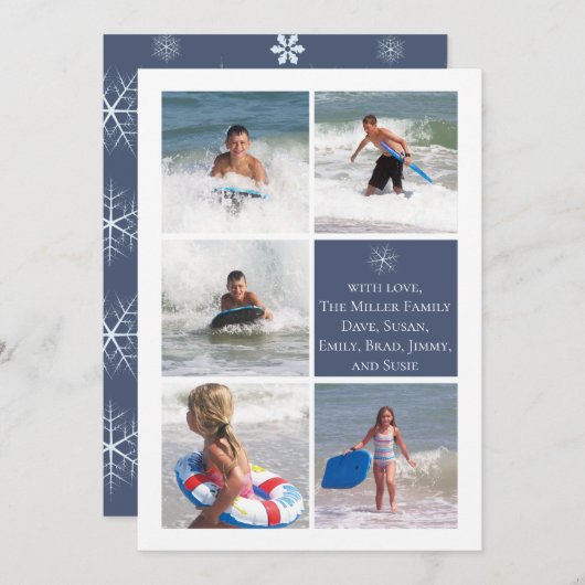 ダークブルーのスノーフレーク両面フォトカ数々のード シーズンカード (正面/裏面)