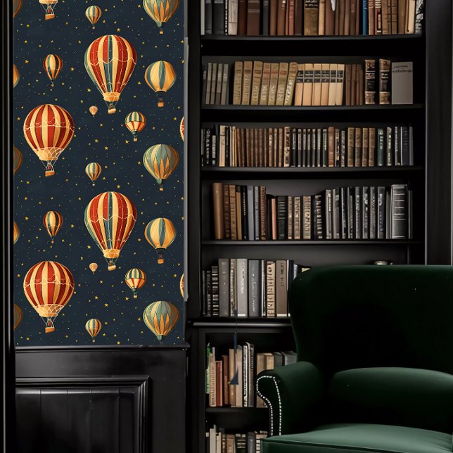 ダークブルーのダークアカデミアホットエアバルーン 壁紙 (Dark Academia Hot Air Balloons on Dark Blue Wallpaper in a library.)
