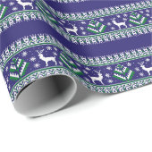 ダークブルーのトナカイ冬フェア島パターン ラッピングペーパー (ロールコーナー)