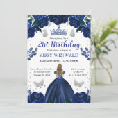 ダークブルーのドレスの金髪プリンセスの誕生日 招待状 (スタンド正面)