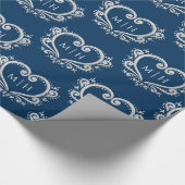 ダークブルーのハートモノグラム結婚銀 ラッピングペーパー (角)