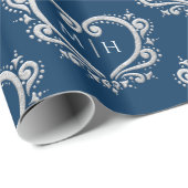 ダークブルーのハートモノグラム結婚銀 ラッピングペーパー (ロールコーナー)