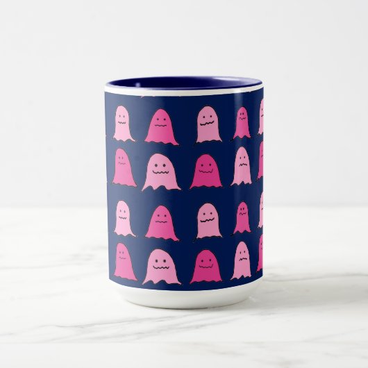 ダークブルーのピンクのハロウィーン幽霊 マグカップ (中央)