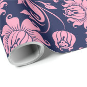 ダークブルーのピンクのフローラのダマスパターン ラッピングペーパー (ロールコーナー)