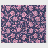ダークブルーのピンクのフローラのダマスパターン ラッピングペーパー (フラット)