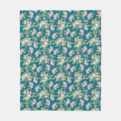 ダークブルーのピンクのリンゴ花の花柄 フリースブランケット (正面)