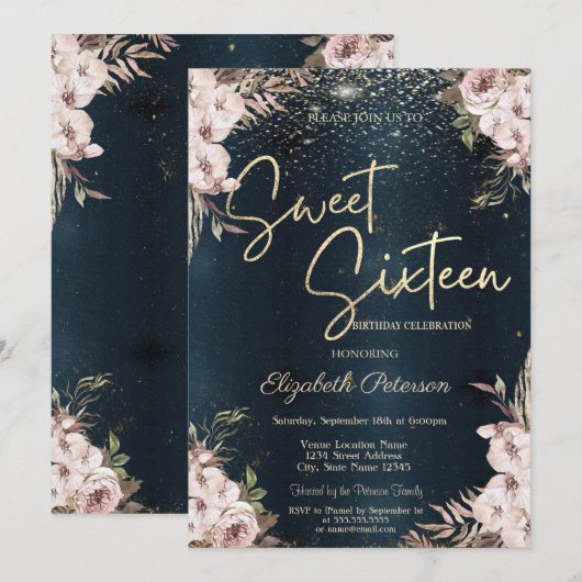 ダークブルーのボホフラワーコンフェティSweet16 招待状 (正面/裏面)