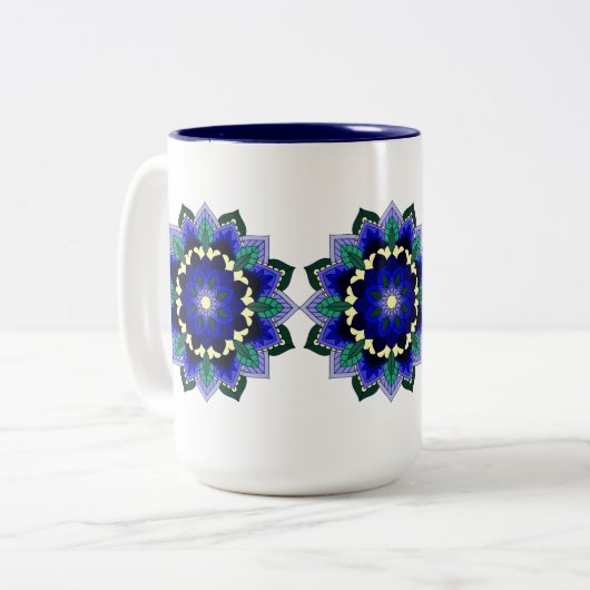 ダークブルーのマンダラパターン02 ツートーンマグカップ (正面左)