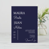 ダークブルーのミニマル結婚式招待状 スペインの 招待状 (スタンド正面)