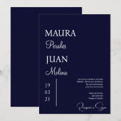 ダークブルーのミニマル結婚式招待状 スペインの 招待状 (正面/裏面)