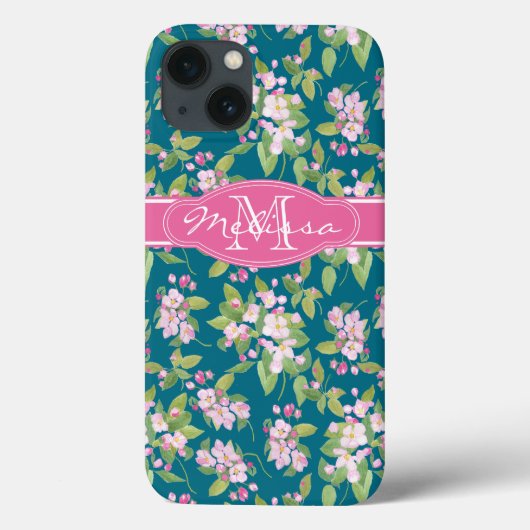 ダークブルーのモノグラムピンクのリンゴの花 Case-Mate iPhoneケース (裏面)