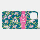 ダークブルーのモノグラムピンクのリンゴの花 Case-Mate iPhoneケース (裏面 (横))