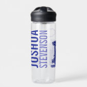 ダークブルーのレトロスチームトレインフルネーム ウォーターボトル (正面)