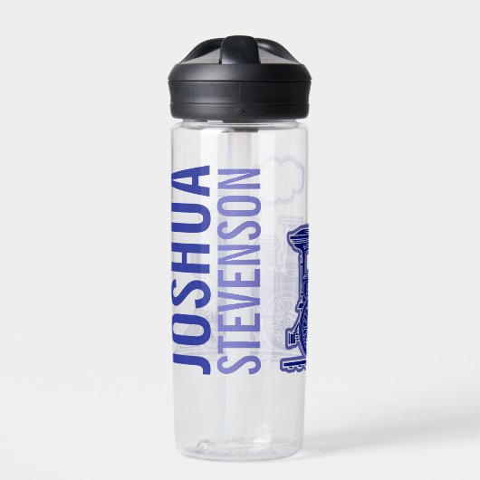 ダークブルーのレトロスチームトレインフルネーム ウォーターボトル (正面)