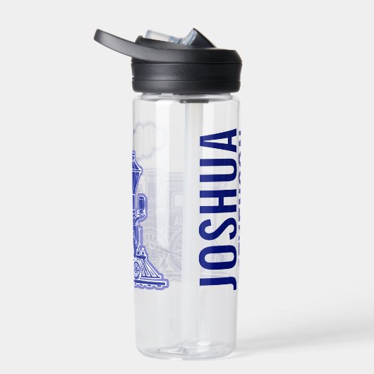 ダークブルーのレトロスチームトレインフルネーム ウォーターボトル (右面)