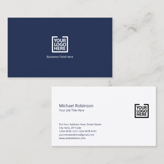 ダークブルーのロゴ付きミニマリストモノグラム 名刺 (正面/裏面)