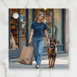 ダークブルーの丸い首Tシャツを着た女性 フェイバータグ