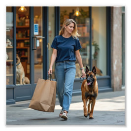 ダークブルーの丸い首Tシャツを着た女性 フォトプリント           