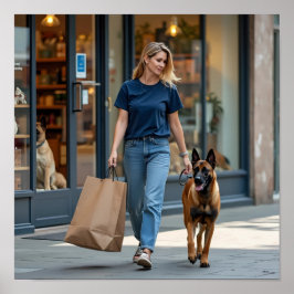 ダークブルーの丸い首Tシャツを着た女性 ポスター