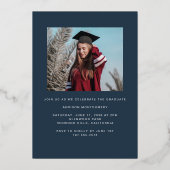 ダークブルーの卒業表明のフォイル・フレーム 箔招待状 (裏面)