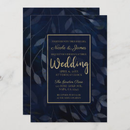 ダークブルーの植物の葉がモダンでおしゃれな結婚式 招待状