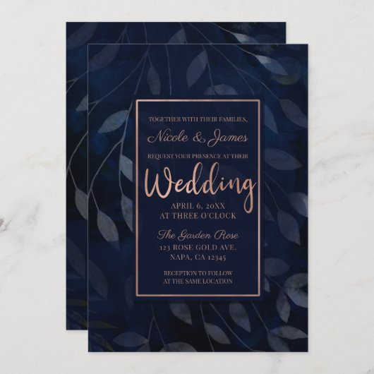 ダークブルーの植物の葉のモダンなピンクのウェディング 招待状 (正面/裏面)