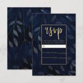 ダークブルーの植物の葉のモダンな結婚式の出欠確認カード 出欠カード (正面/裏面)