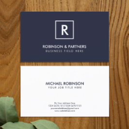 ダークブルーの正方形フレームのミニマルイニシャル 名刺