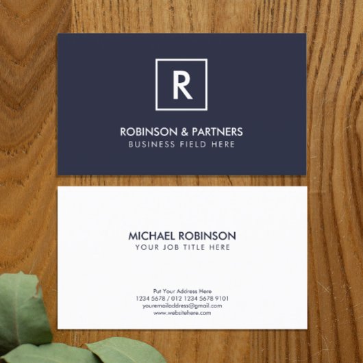ダークブルーの正方形フレームのミニマルイニシャル 名刺