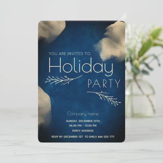 ダークブルーの水色の植物学ホリデーパーティー 招待状 (スタンド正面)