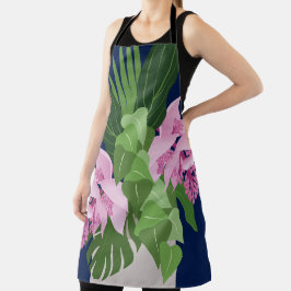 ダークブルーの熱帯メディニラピンクの花 エプロン