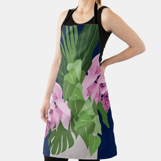 ダークブルーの熱帯メディニラピンクの花 エプロン (インサイチュ)