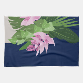 ダークブルーの熱帯メディニラピンクの花 キッチンタオル