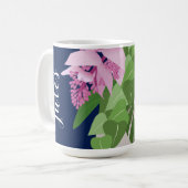 ダークブルーの熱帯メディニラピンクの花 コーヒーマグカップ (正面左)