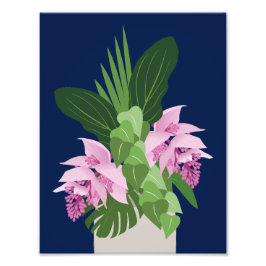 ダークブルーの熱帯メディニラピンクの花 フォトプリント           