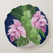 ダークブルーの熱帯メディニラピンクの花 ラウンドクッション (裏面)
