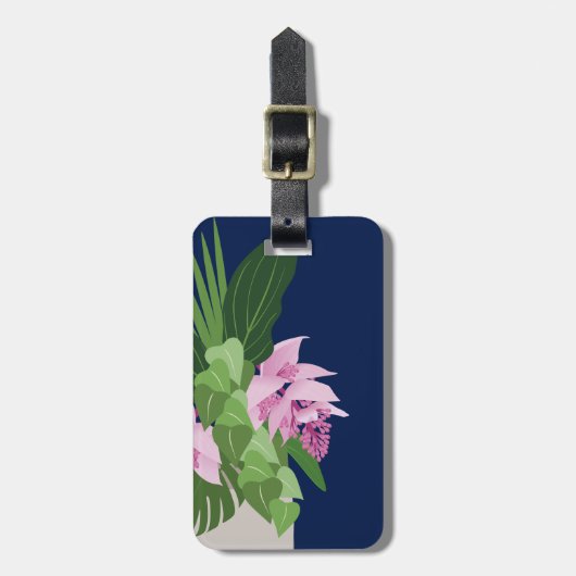 ダークブルーの熱帯メディニラピンクの花 ラゲッジタグ (正面縦)