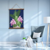 ダークブルーの熱帯メディニラピンクの花 吊り下げ型タペストリー