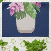 ダークブルーの熱帯メディニラピンク花瓶 キッチンタオル (折り畳み)